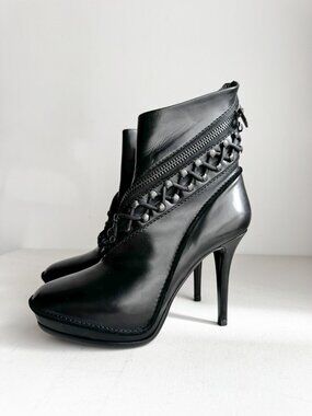 Haider Ackermann Runway Black Lambskin Braided Detail Stiletto Heel Booties 39